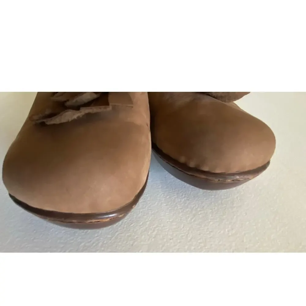 Born Suede Boho Fringe T-Strap Mules Heel Tan Size 9 Hippie Festival‎